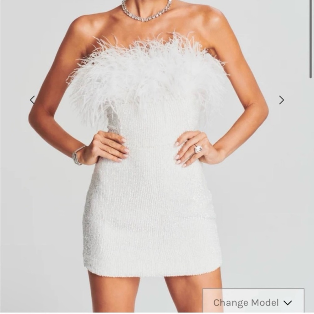 Retrofete Strapless Feather-Trim Mini Dress in White